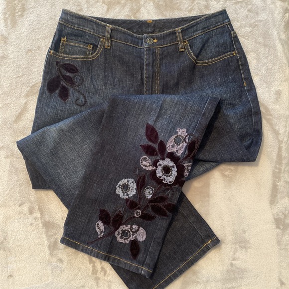 Talbots Jeans Sz 8 Petite Embroidered Floral Straight High Rise Stretch VTG Boho - Picture 1 of 11